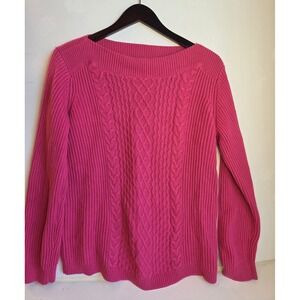 Tommy Hilfiger Women Ribbed Cable Knit Sweater Hot Pink‎ Wide Neck Large